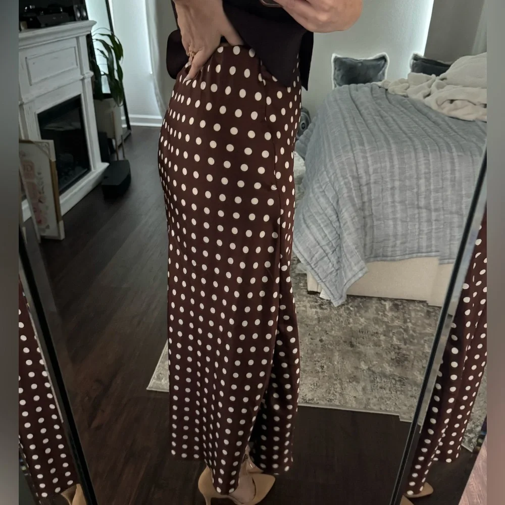 Fall Old Money Style Women's Chocolate Brown / White Polka Dot Satin Long Skirt - Picture 4 of 11